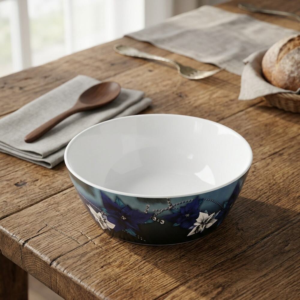 New In Box 9" Serving Bowl W Blue and White Flowers Beautiful